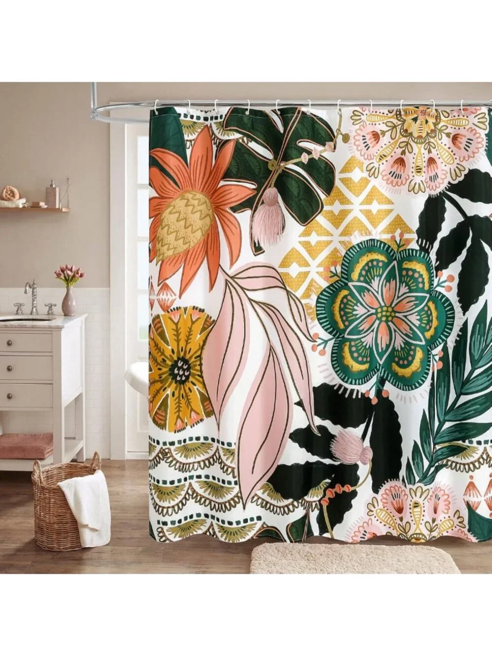 Boho Floral Shower Curtain - Tropical Leaves Fabric for Vintage Bathroom Decor